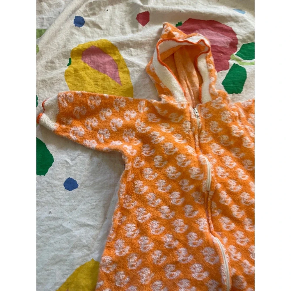 Vintage Carters Baby onesie robe Orange White Duck‎ Terry Cloth Hooded One Size